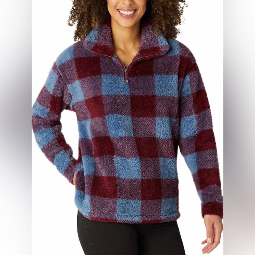 Eddie Bauer Women's Ultra Soft Fleece 1/4 Zip Pullover XL Harbor Checkered NWOT